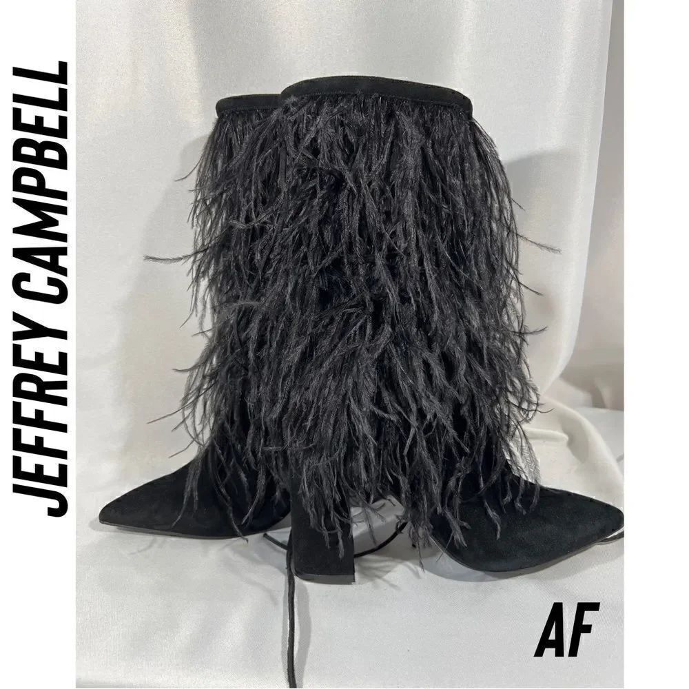 JEFFREY CAMPBELL SHAKE YA OSTRICH FEATHER BOOTS NEW BLACK